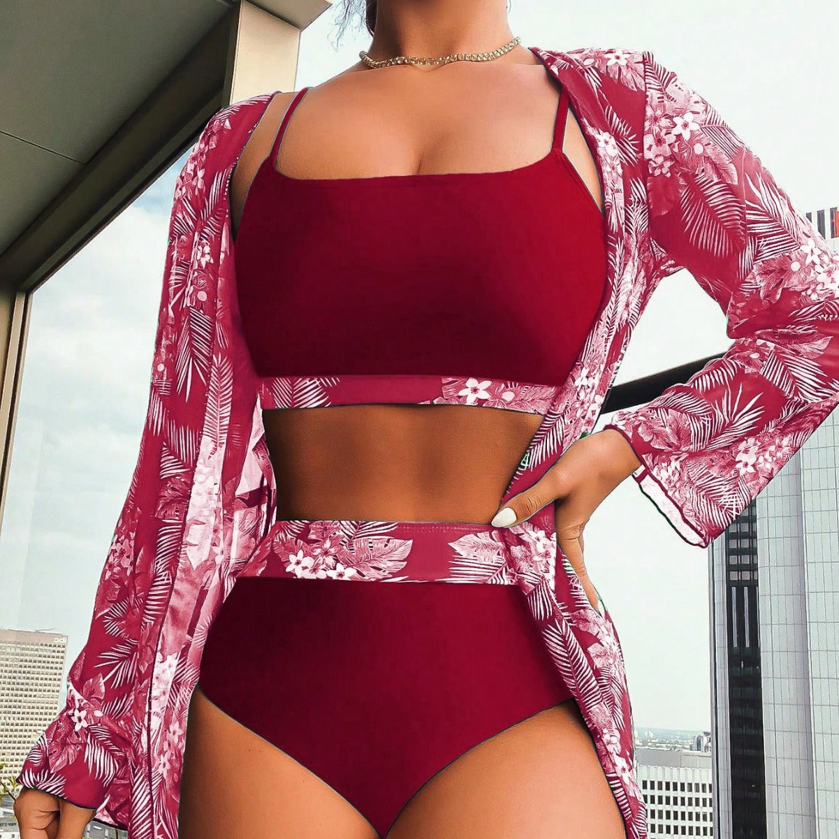 Maple Leaf Print Long Sleeve Patchwork Bikini Three Piece Separate Swimsuit for Women