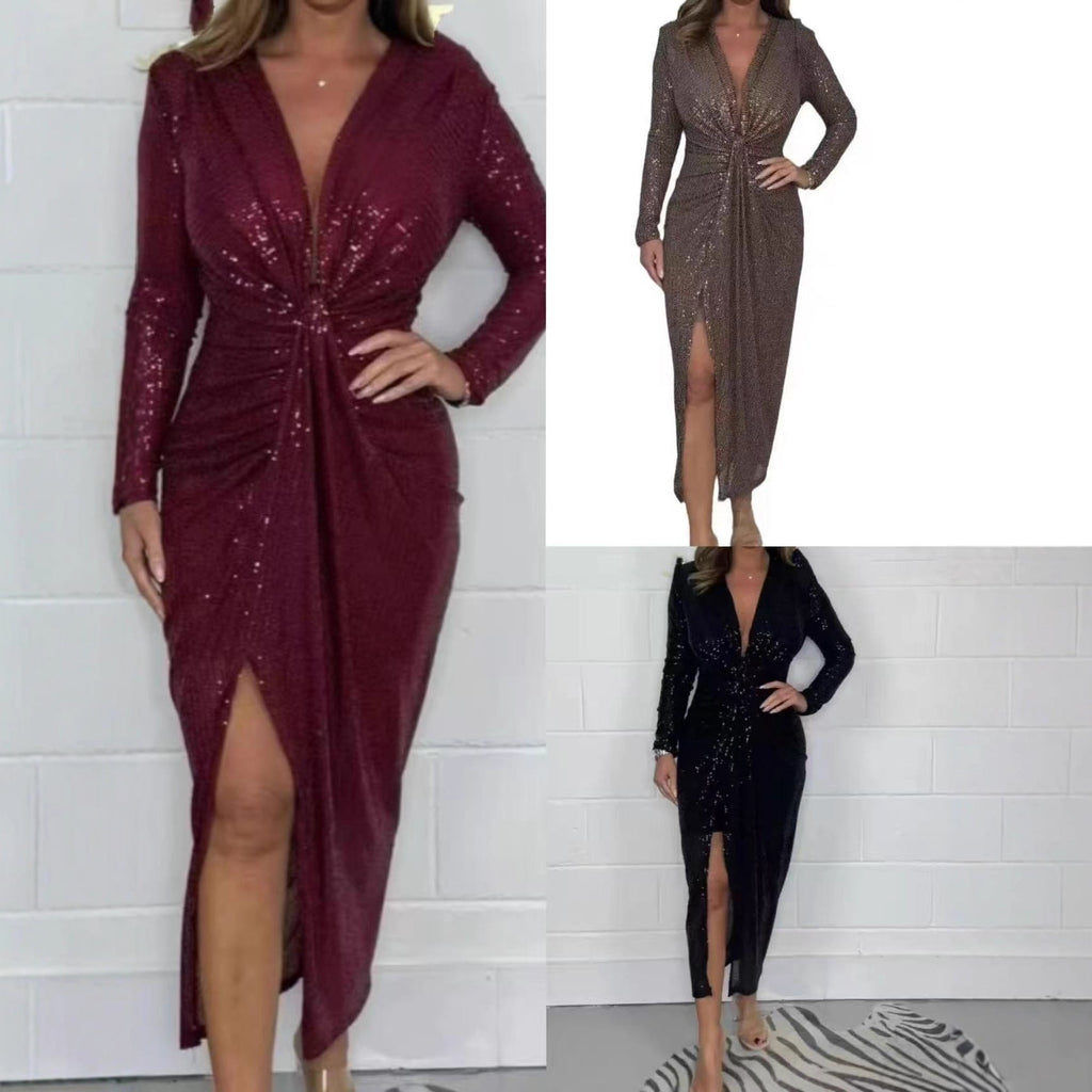Women's Temperament Sequins Low V-Neck Long Sleeve New Year's Party Dress