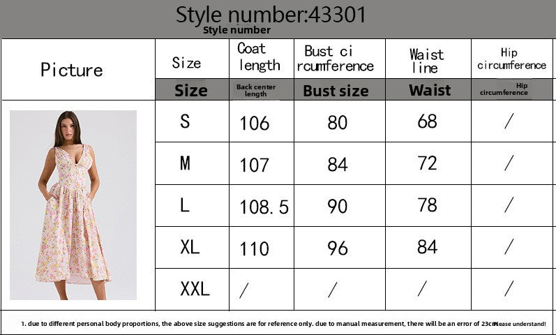 Summer Slim Suspender Long Dress Fashion Printed V-Neck Temperament Dress