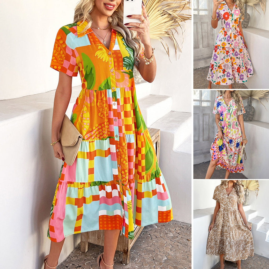 Spring Summer Casual Bohemian Vacation High Waist Geometric Contrast Dress Sub Women's Clothing