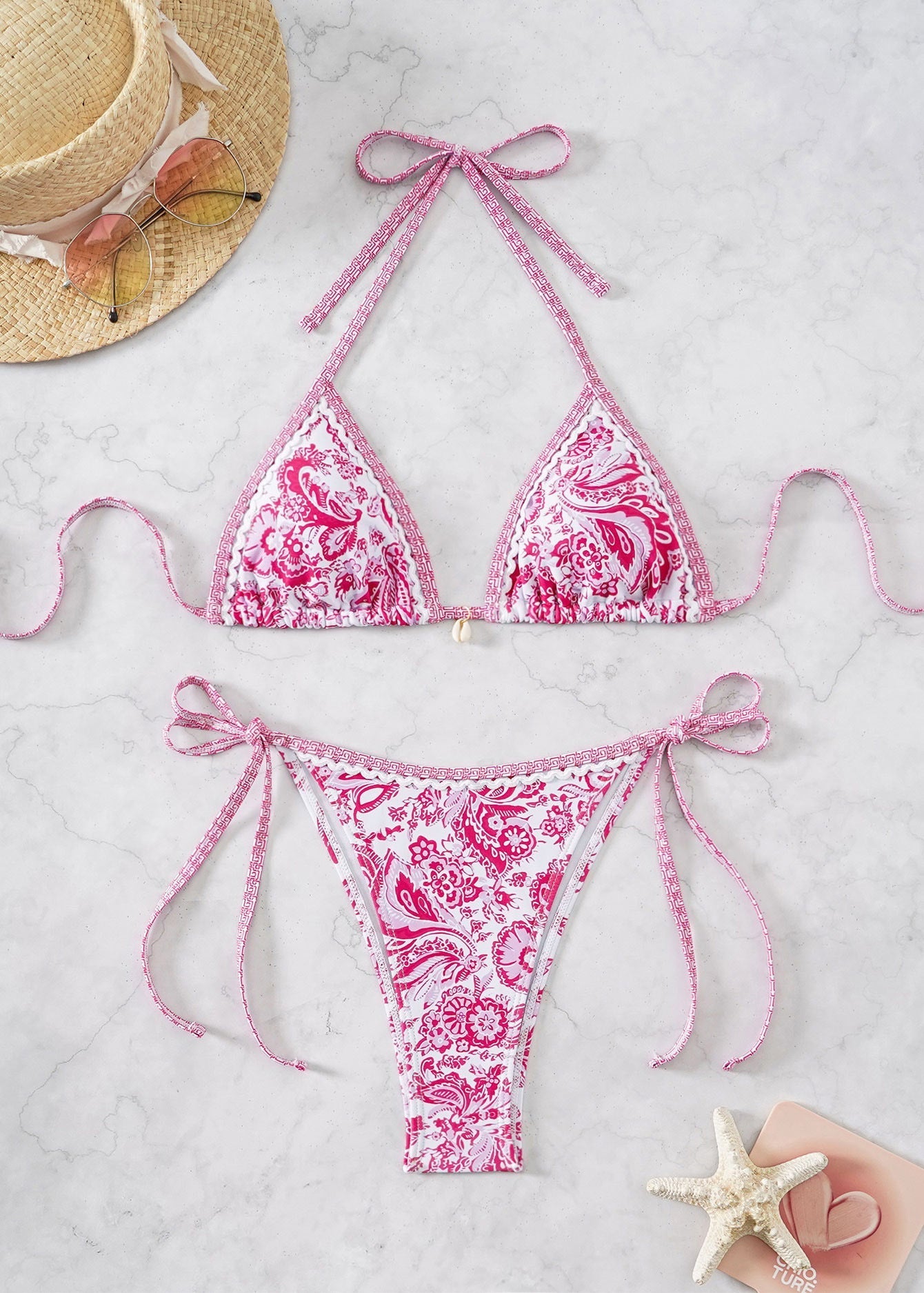 Hemming contrasting print strap sexy bikini split swimsuit Batwing Short Sleeve Shirt W Plants Print