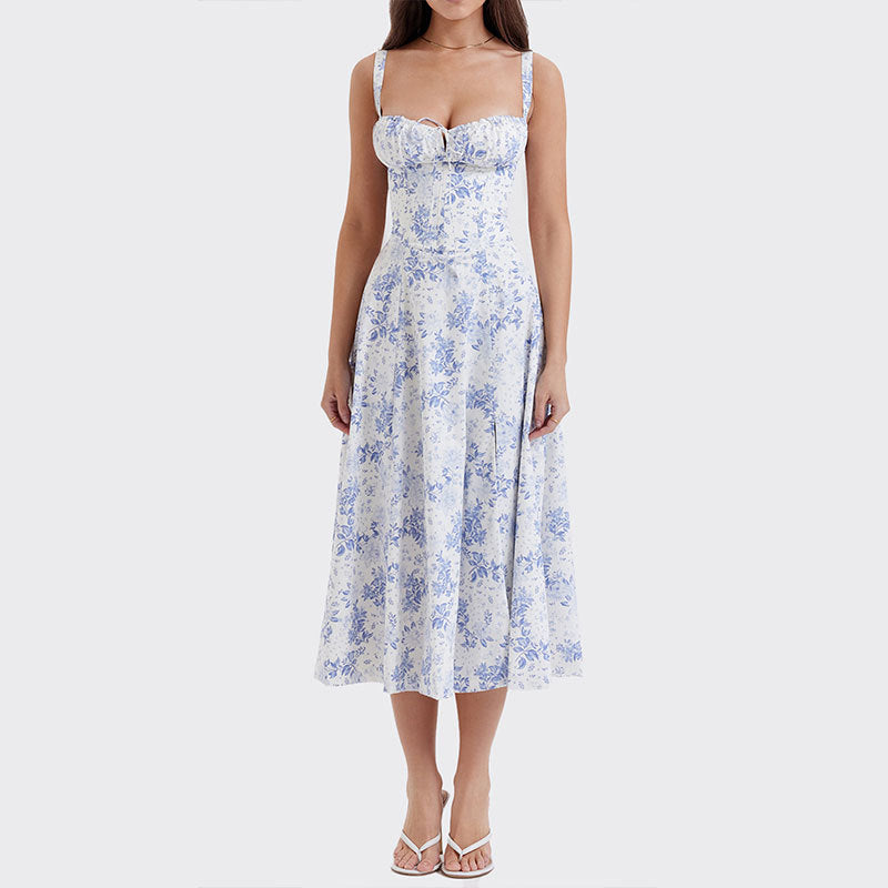 Floral Square Neck Sexy Split Swing Spring Dress Off Shoulder Flower Print Sexy Dress