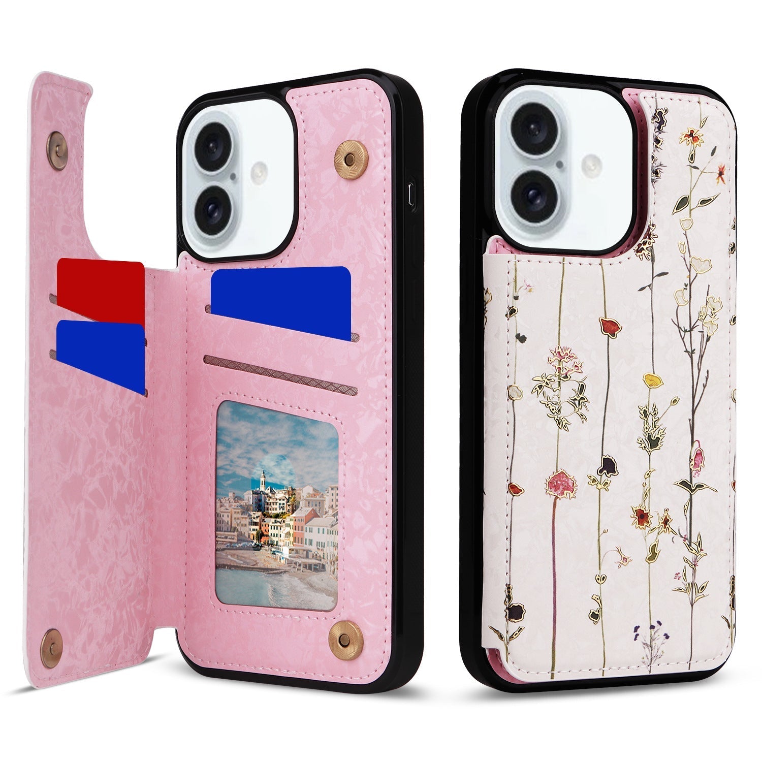 Phone Case Applicable to Apple 16 painted double buckle four-insert card wallet case 16pro max all-inclusive anti-drop case protective cover