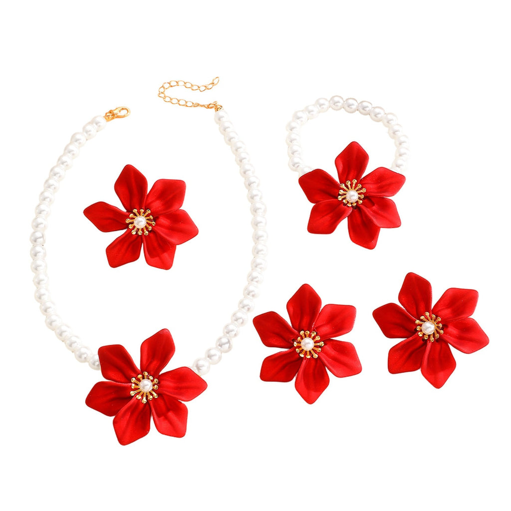 Fashion Luxury Faux Pearl Flower Jewelry Set Necklace Bracelet Ring Earrings
