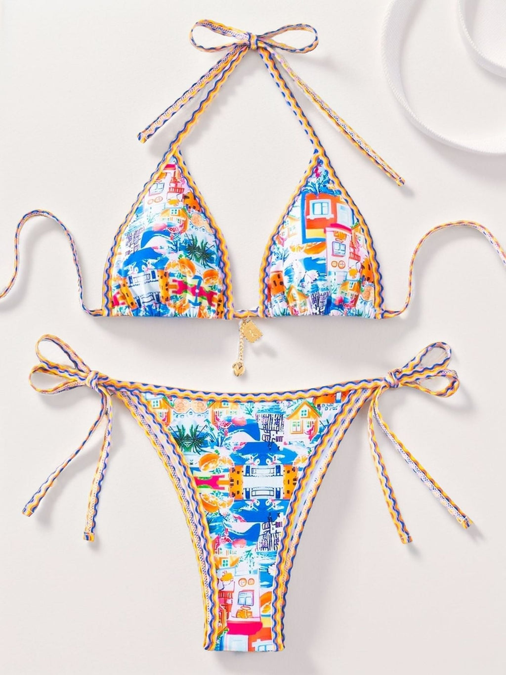 Hemming contrasting print strap sexy bikini split swimsuit Batwing Short Sleeve Shirt W Plants Print
