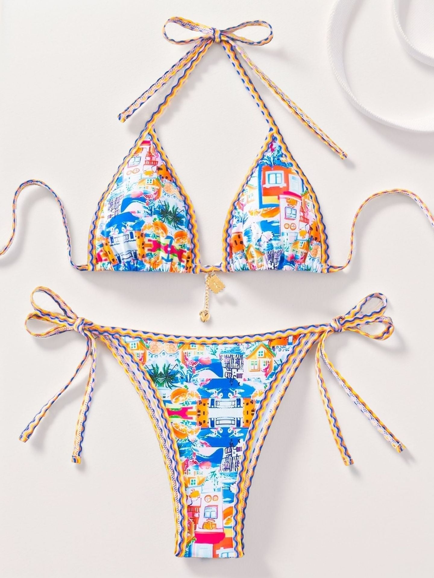 Hemming contrasting print strap sexy bikini split swimsuit Batwing Short Sleeve Shirt W Plants Print