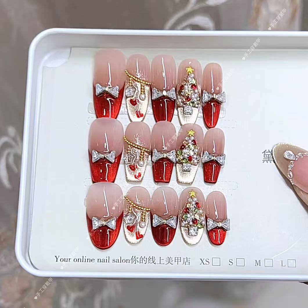 Handmade Nail Red Christmas Hand Painted Love Zircon Diamond Cat's Eye Bow Nail Patch