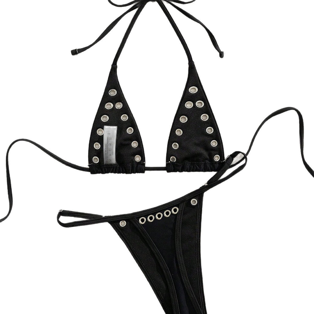 Ins Niche French Style Sexy Metal Ring Pure Desire Halterneck Retro Girl Bikini Swimsuit Set