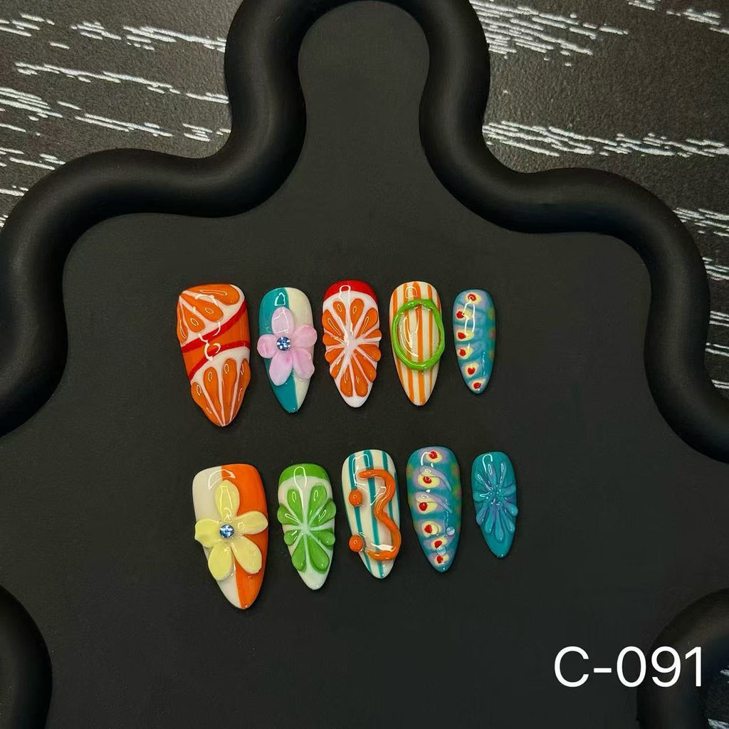 [Original] Engraved three-dimensional relief engraved fresh and personalized Handmade Press on Nails