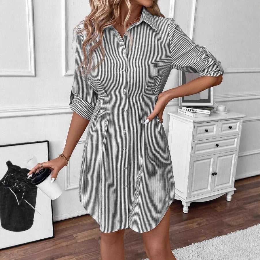 Spring and Autumn Striped Casual Temperament Elegant Lapel Waist Long Sleeve Blouse Skirt