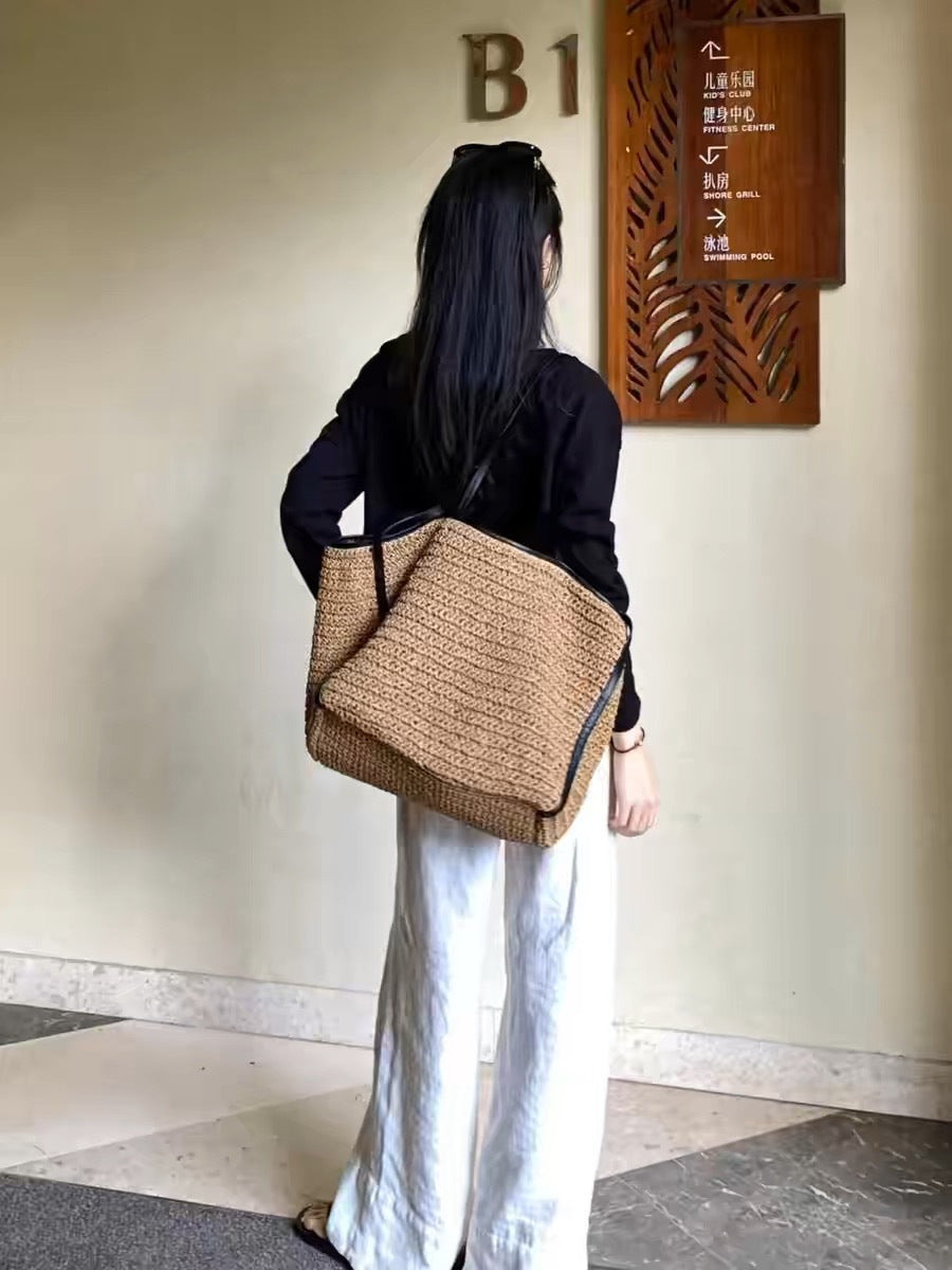 Exquisite Vintage Straw Bag & Large Capacity Women's Commuter Shoulder Bag: Woven Tote & Chic Seaside Vacation Shopping Bag Combo hobo
