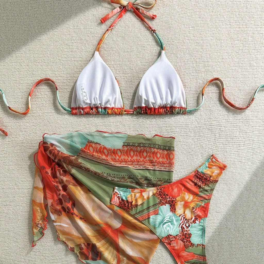 Women's Bikini Swimsuit with Floral Print and Tie Straps