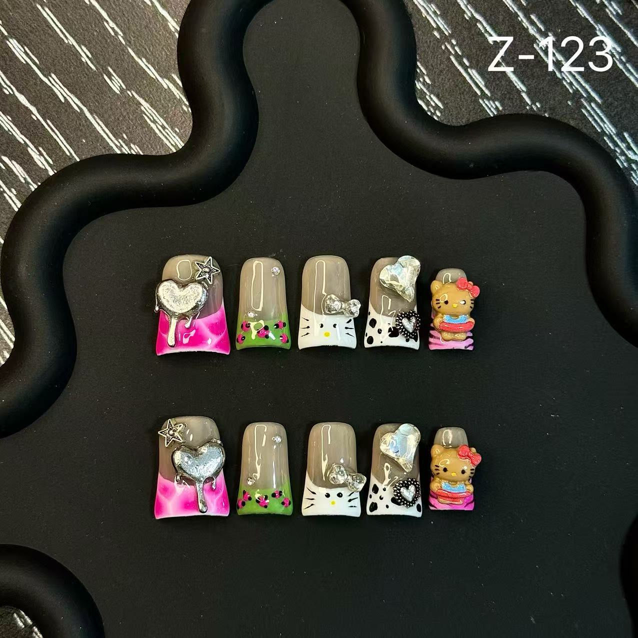 Handmade Press on Nails Short Duck Beak Colorful KT Zircon Painting French Temperament