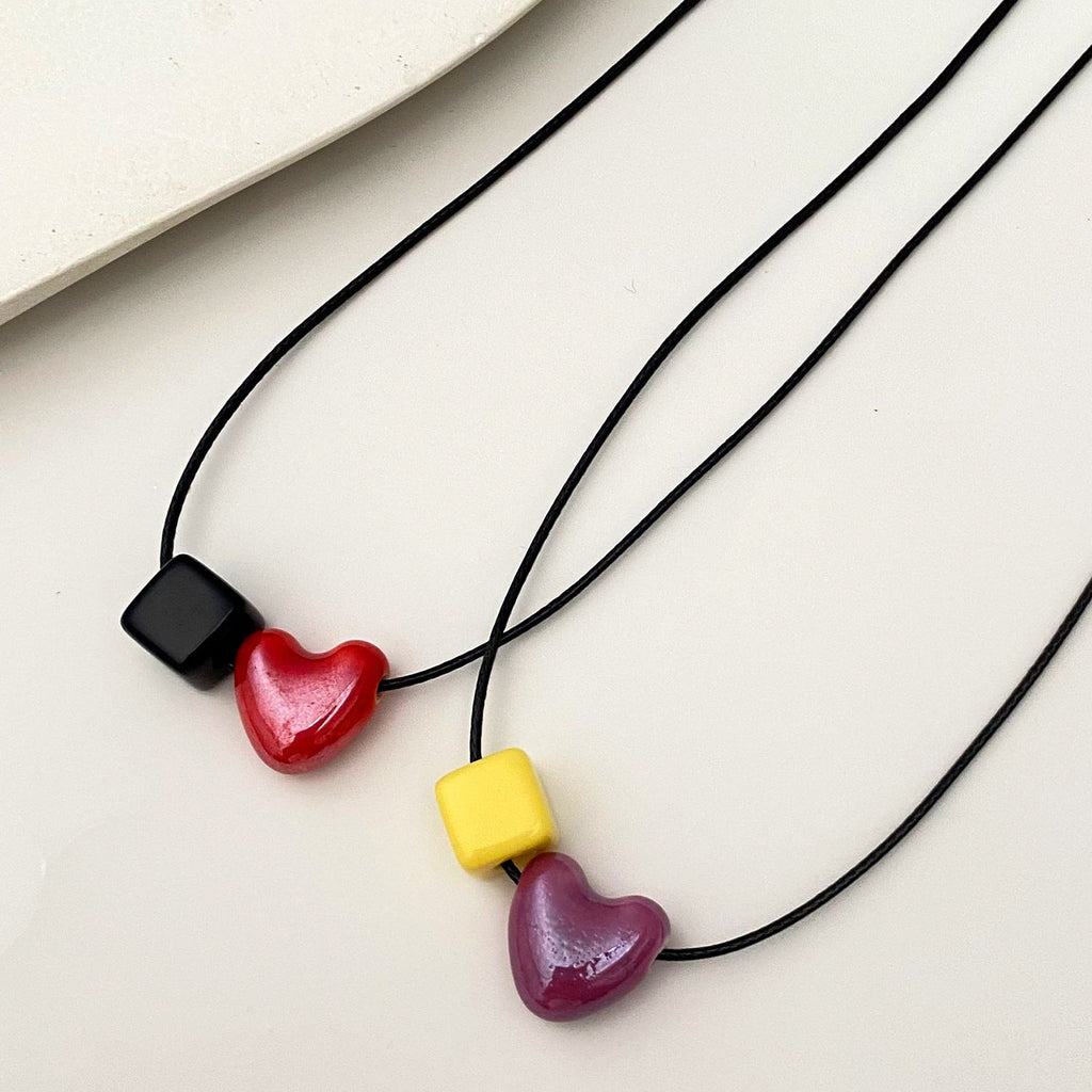Ceramic Heart & Geometric Square Necklace Women Cute Dainty Clavicle Chain