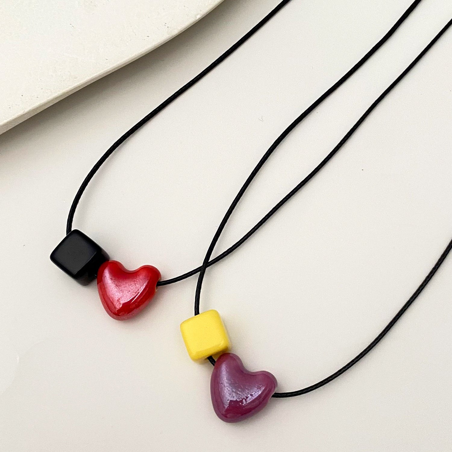 Ceramic Heart & Geometric Square Necklace Women Cute Dainty Clavicle Chain