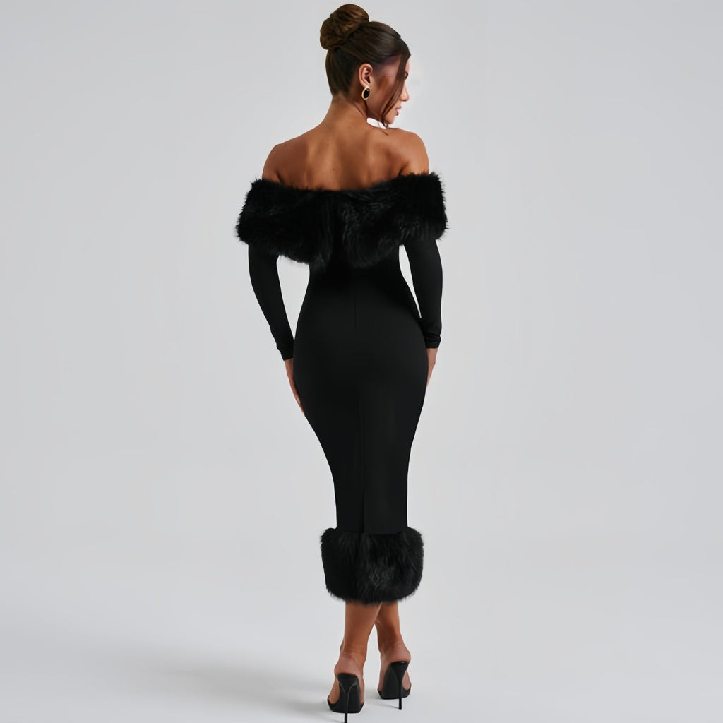 women's clothing autumn and winter fashion fur collar one-word collar long-sleeved temperament slim evening dress