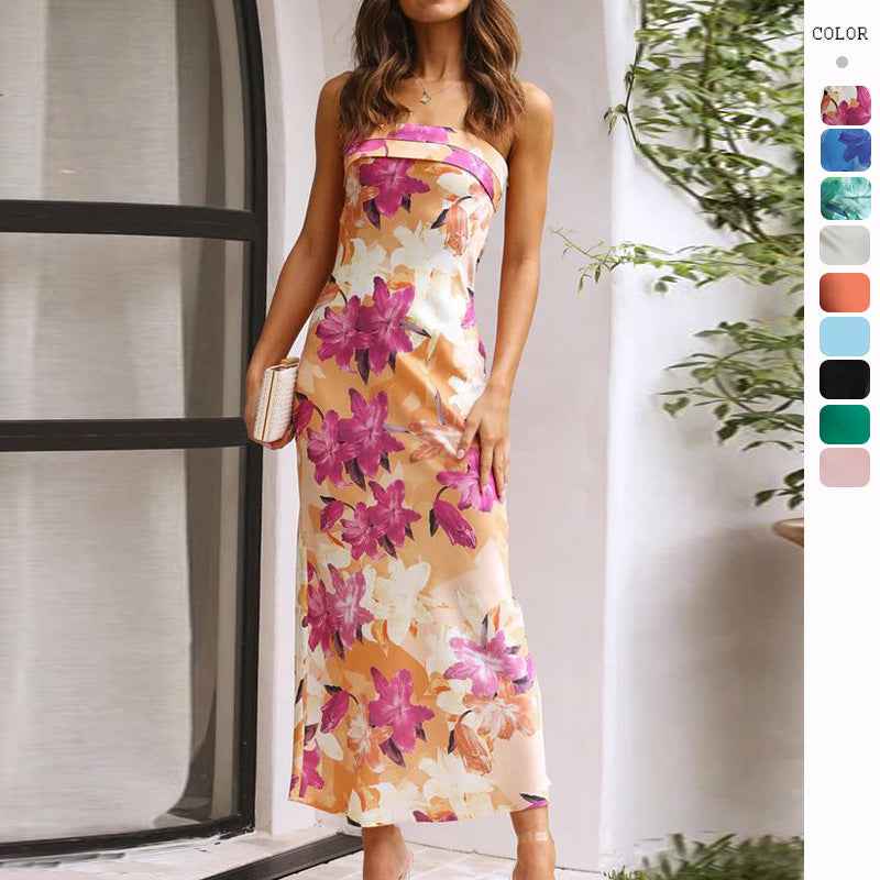 Satin Halter Backless Slit Midi Dress - Print High Neck Elastic Waist Wedding Guest Dress