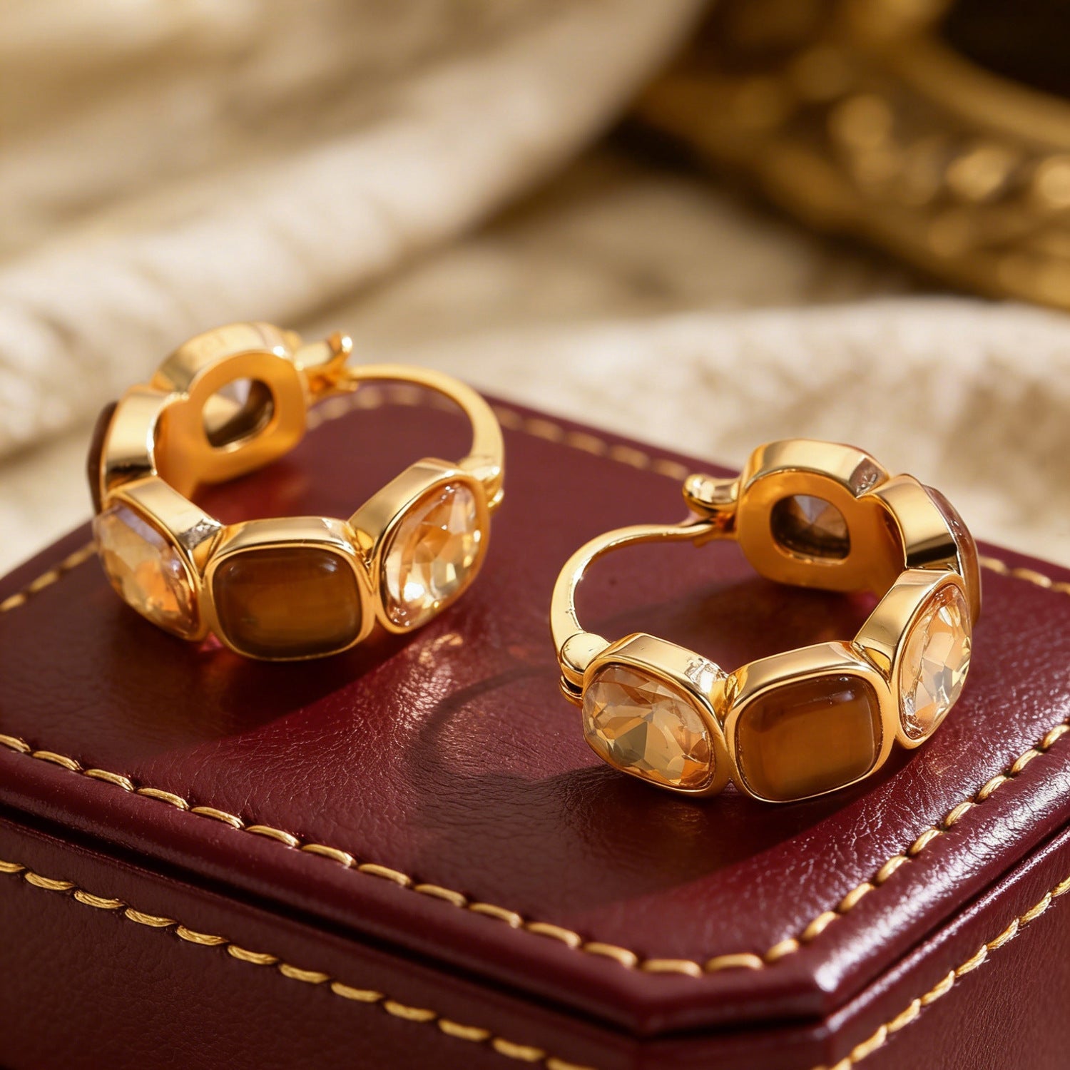 Maillard Geometric Square Coffee Crystal Circle Earrings Women Vintage Office Jewelry