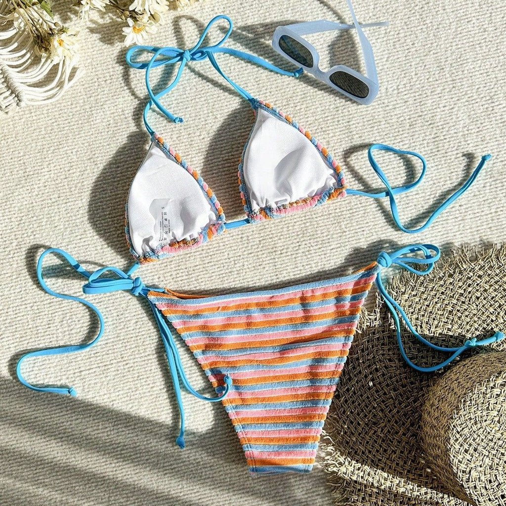 Women's Jacquard Striped Colorful Tie Side Separate Three Piece Bikini Swimsuit Set