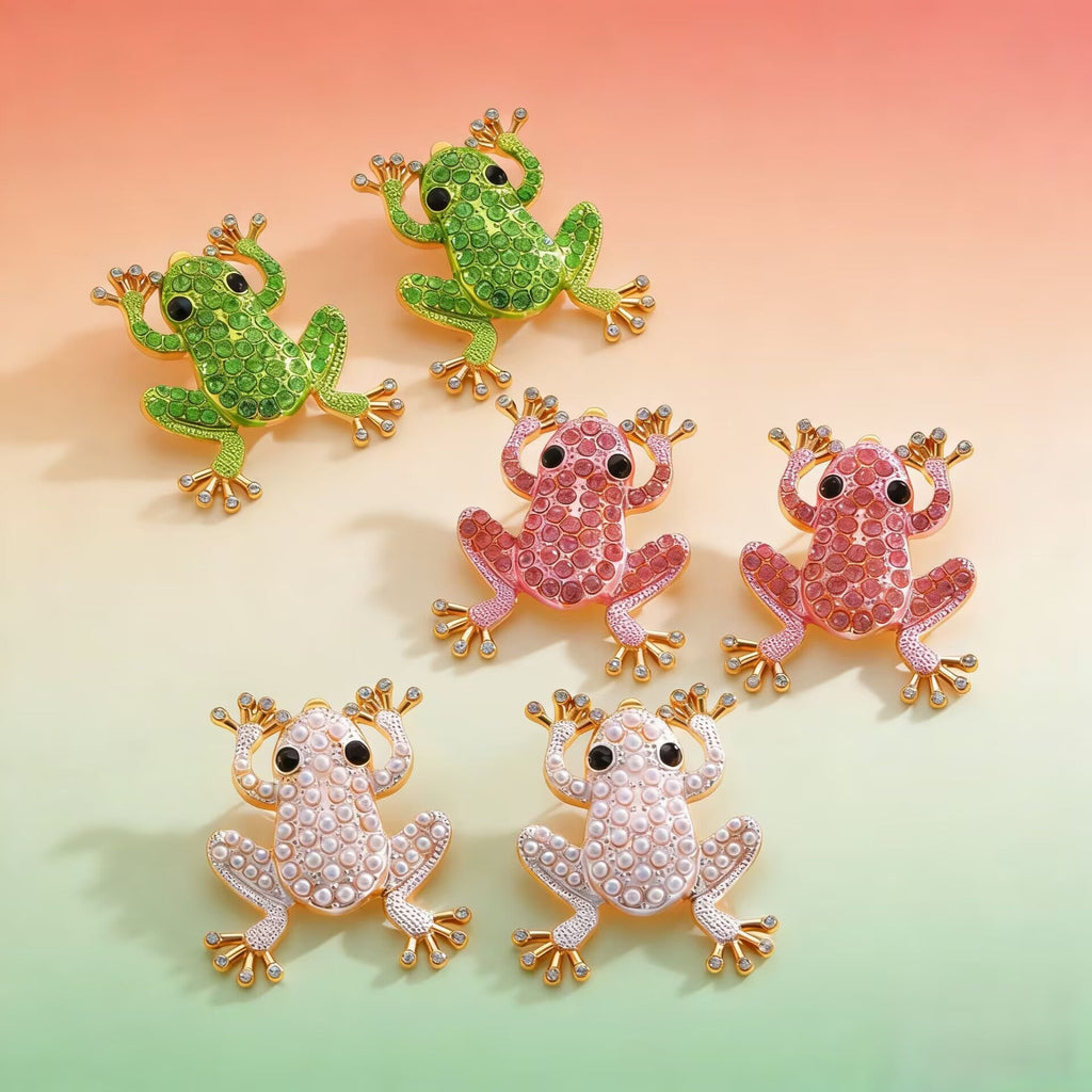 Fashion Creative Alloy Rhinestone Faux Pearl Frog Animal Stud Earrings