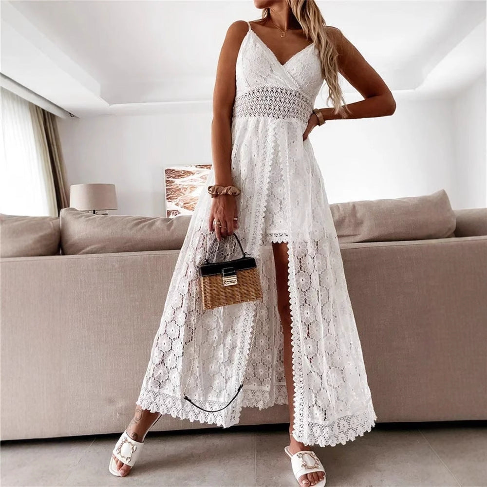 Women's Floral V-Neck Lace Dress - Sleeveless Spaghetti Strap Boho Beach Vacation Dress with Side Split