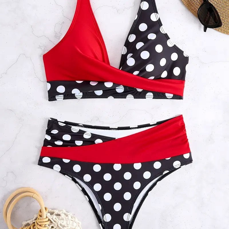 Printed Color Block Polka Dot Crisscross Backless Sexy Two Piece Swimsuit Bikini for Women