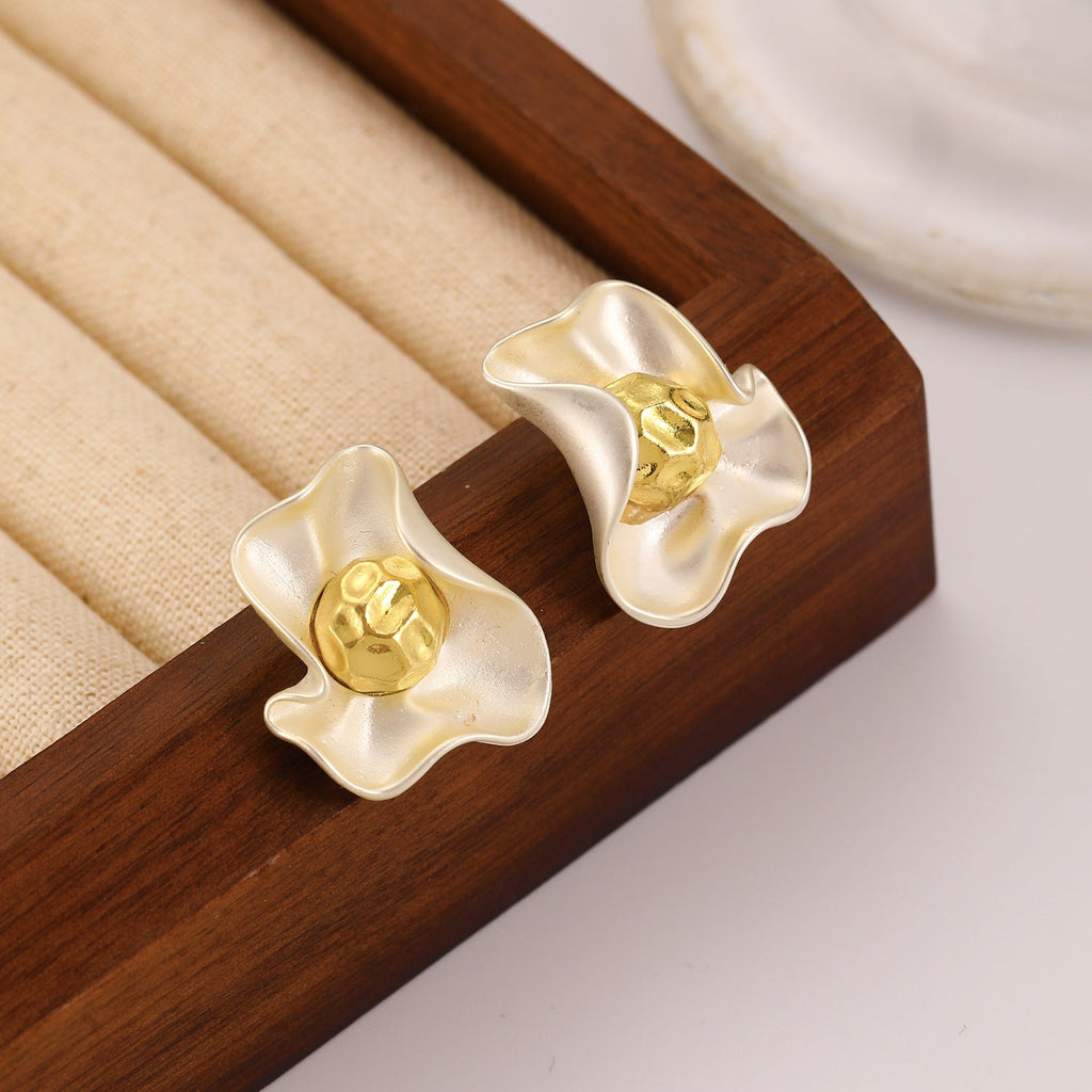 Luxury Matte Wavy Petal Earrings with Geometric Gold Ball Unique Design