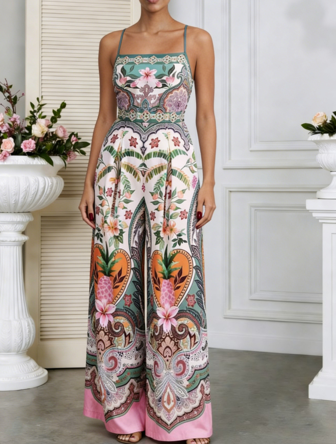 Printed Spaghetti Strap Wide-Leg Jumpsuit