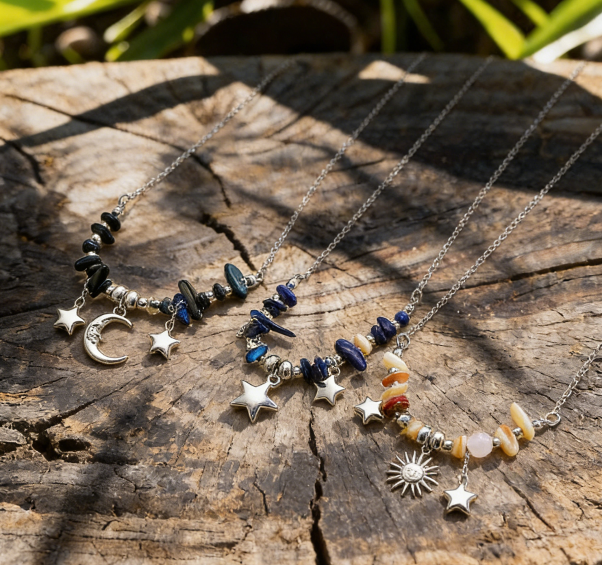 Colorful Chip Stone Boho Sun Moon Necklace