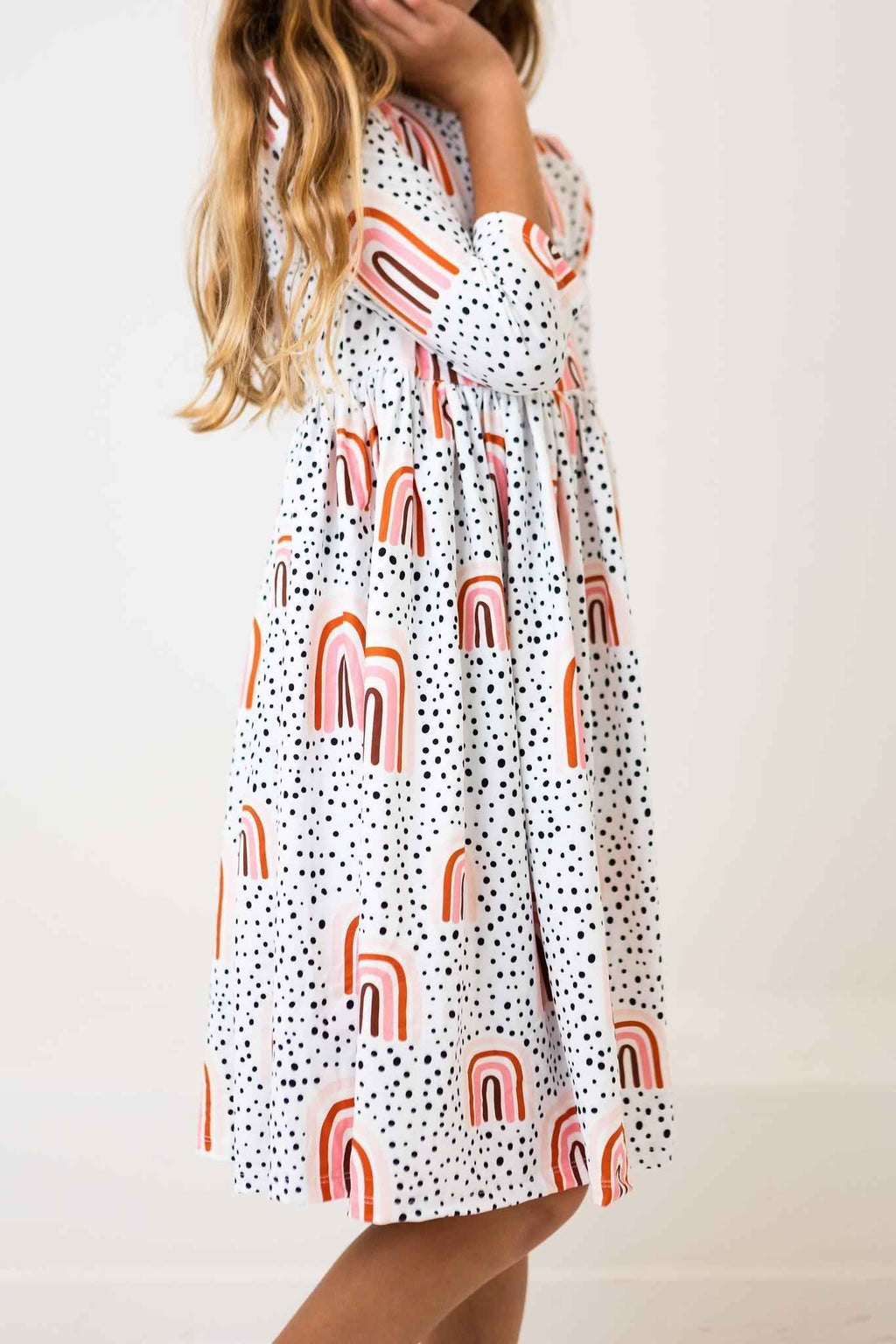 Peach Rainbow 3/4 Sleeve Pocket Twirl Dress