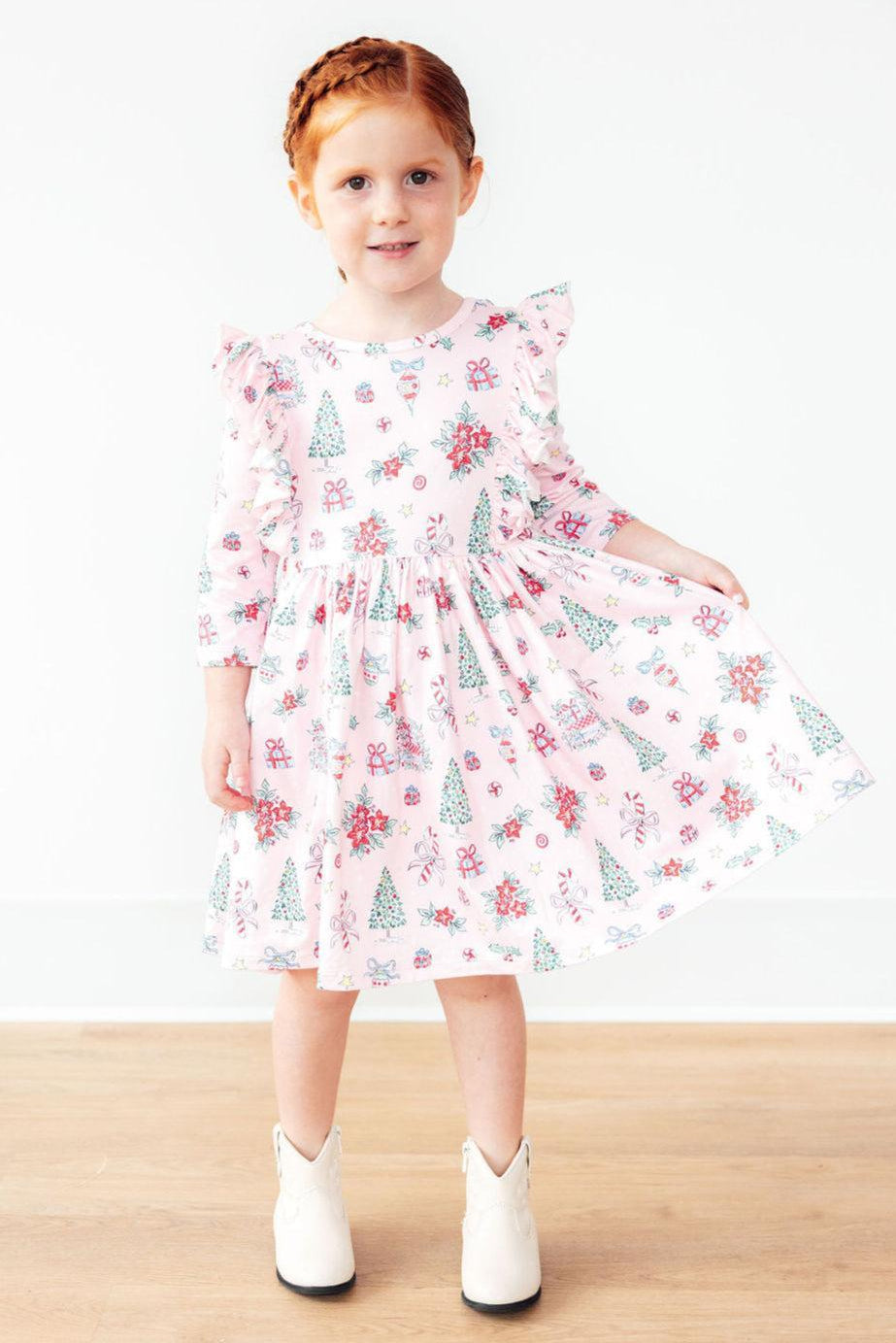 Pink Christmas 3/4 Sleeve Ruffle Twirl Dress