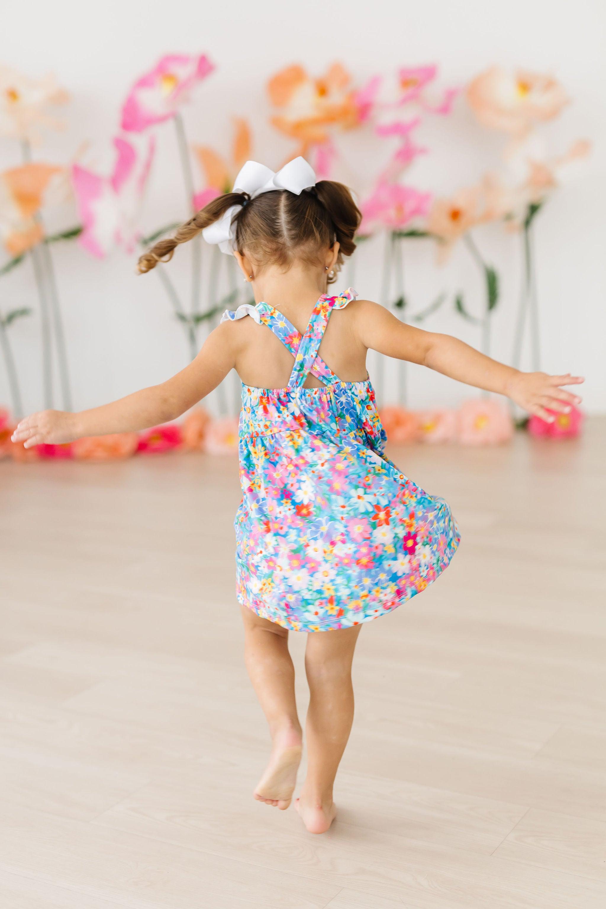Preppy Floral Ruffle Cross Back Dress