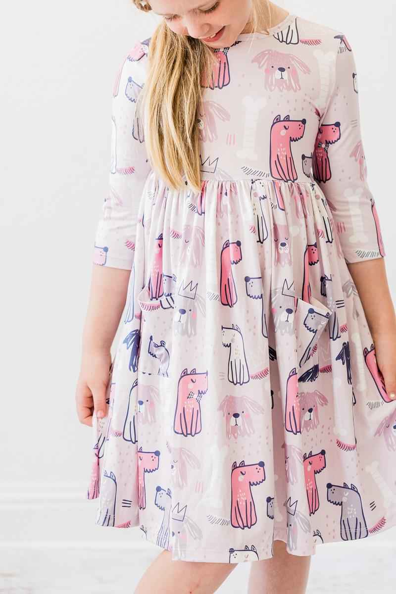 Puppy Party 3/4 Sleeve Pocket Twirl Dress