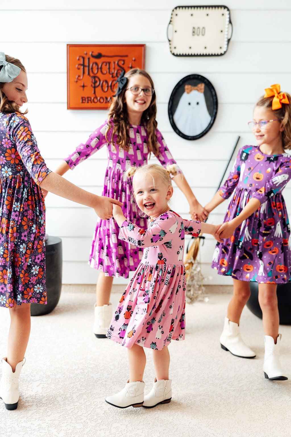 Purr-fectly Spooky 3/4 Sleeve Pocket Twirl Dress