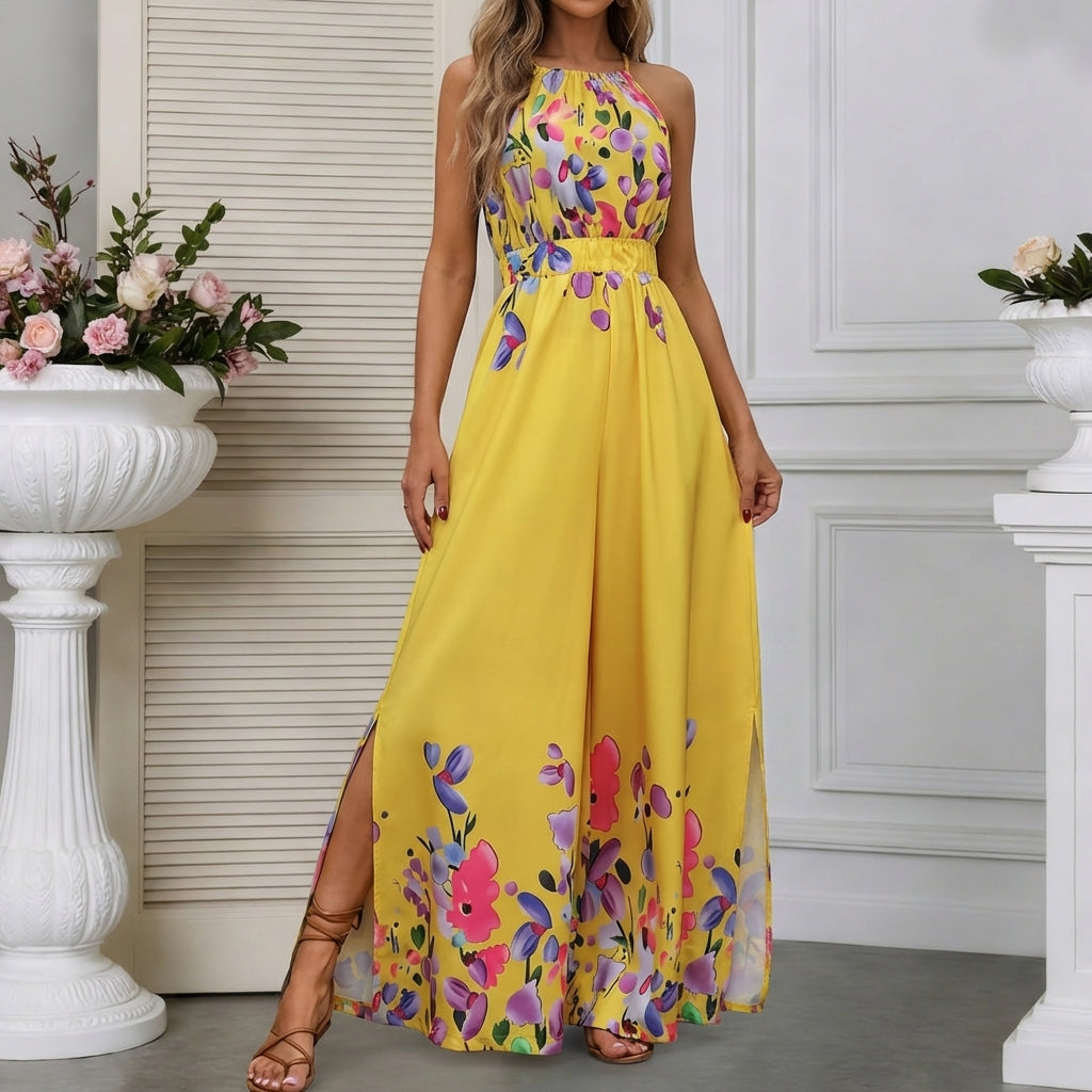 Summer Print Halter Tie-Front Wide-Leg Jumpsuit