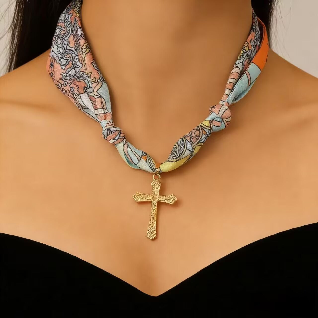 Hand-Tied Silk Scarf Cross Necklace