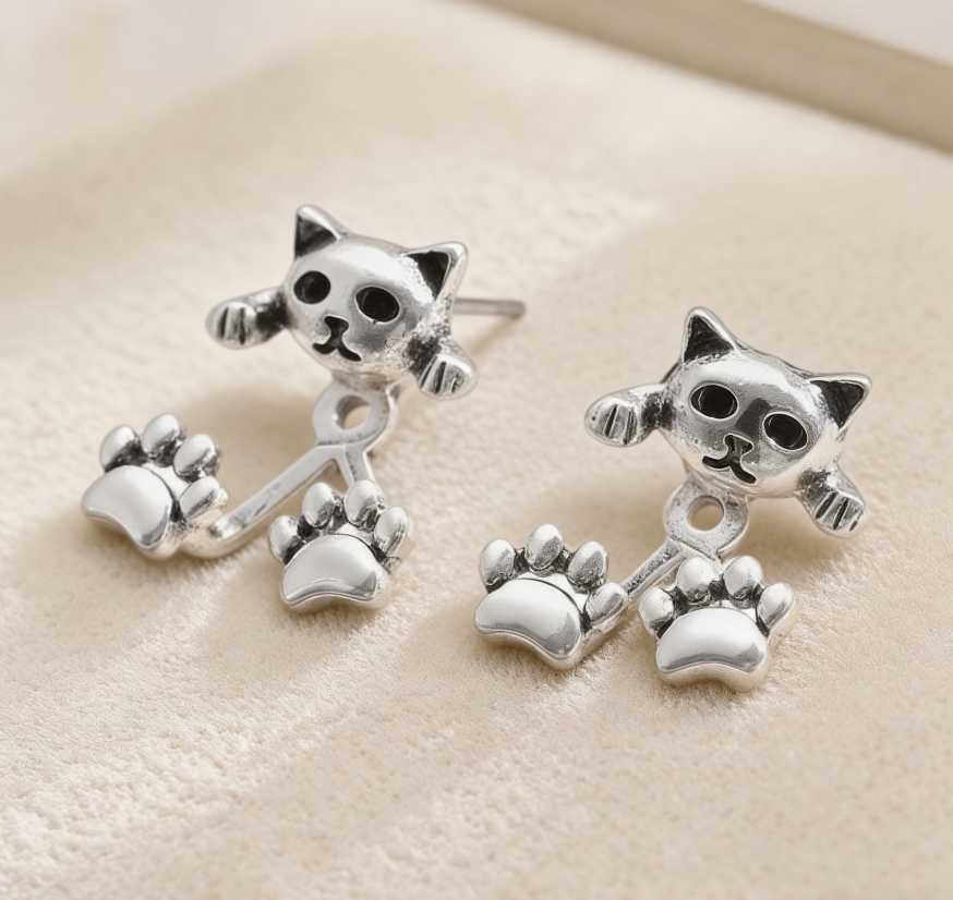 Eco-Alloy Vintage Cat & Cat Paw Back Earrings