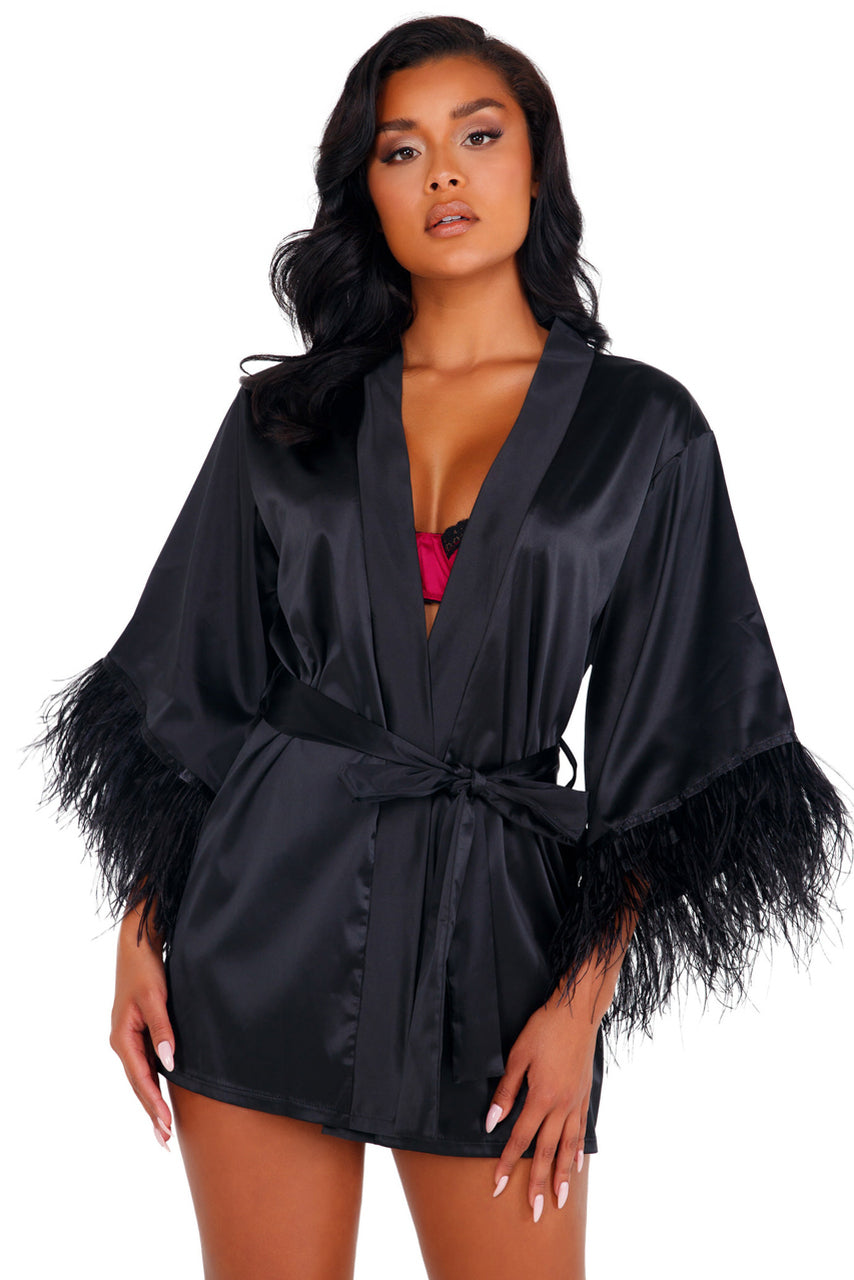 Satin Robe with Ostrich Feather Trim