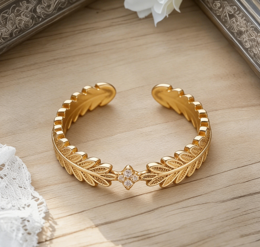 Light Luxury Copper Zircon Leaf Ring