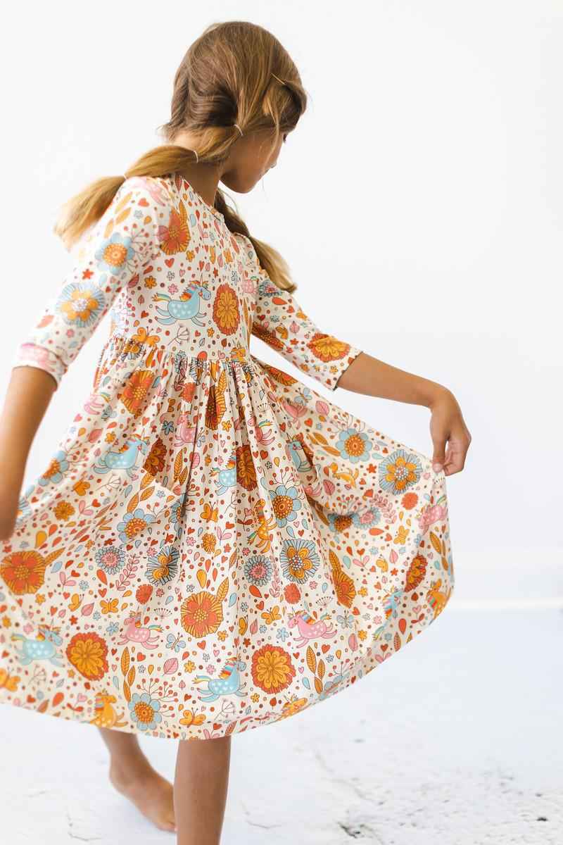Retro Unicorns 3/4 Sleeve Pocket Twirl Dress
