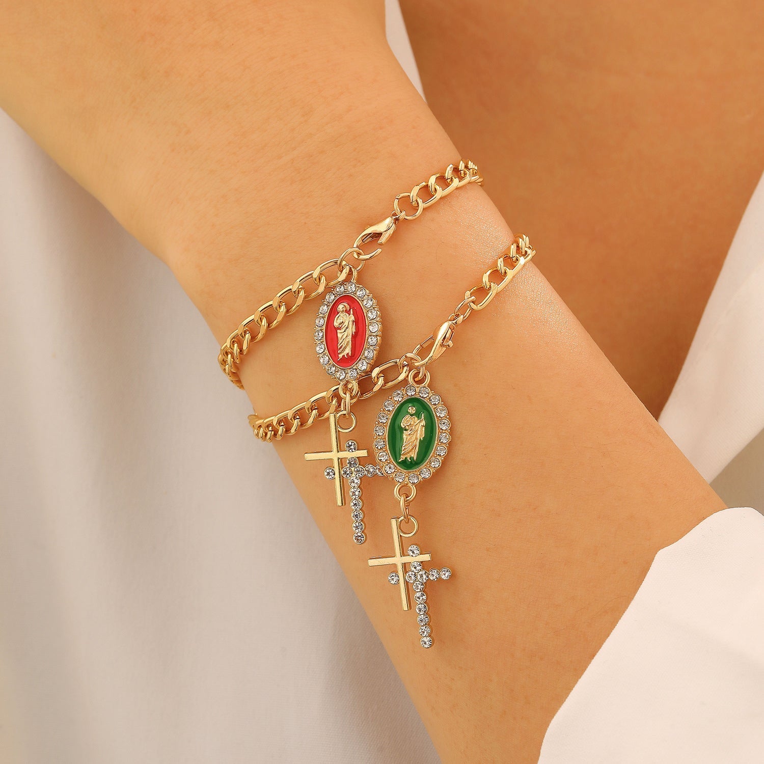 Versatile Gold-Plated Virgin Mary & Cross Bracelet