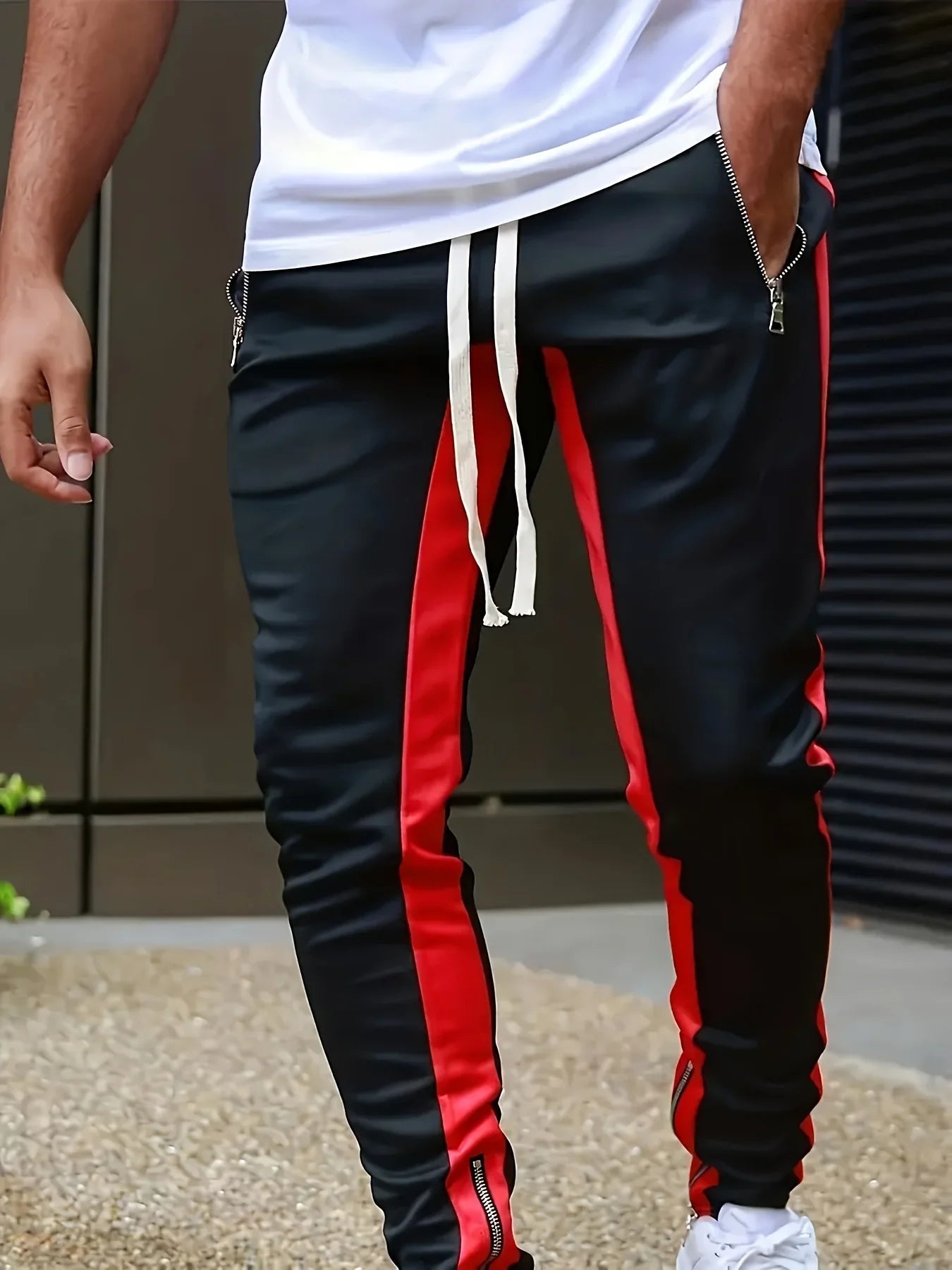 Men Sweatshirts Jogging Pants Men Casual Pants Men Stylish Color Block Zip Pockets Drawstring Sports Skinny Pants Trousers Pants