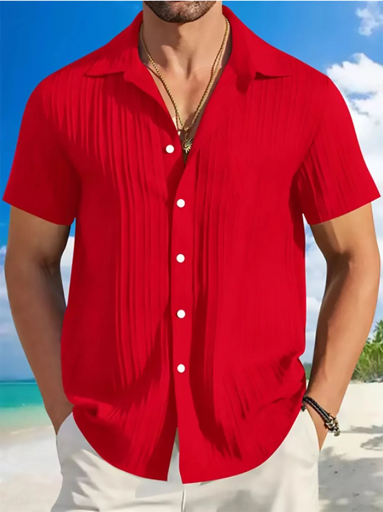 Shirt  Hawaiian Shirt Short Sleeve Cardigan Striped Lapel Solid Color All-match Breathable Quick Drying Men's Casual Shirt
