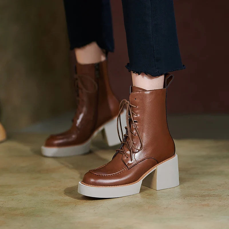 Women's Genuine Leather Platform High Heel Boots