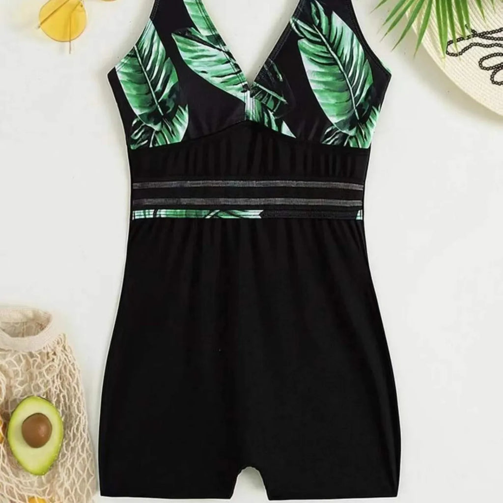 New Leaf Print Color Matching Boxers One-piece Swimsuit