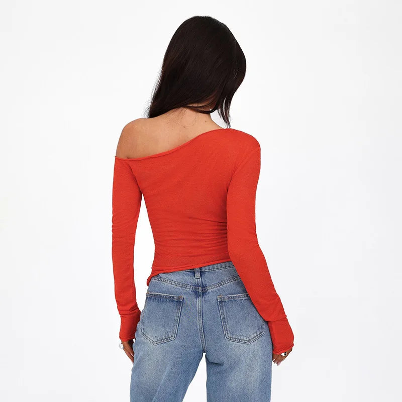 One Shoulder T Shirts For Women Aesthetic Clothes Sashes Crop Top Y2k Accessories Long Sleeve Lady Tshirt Ropa Mujer Camisetas