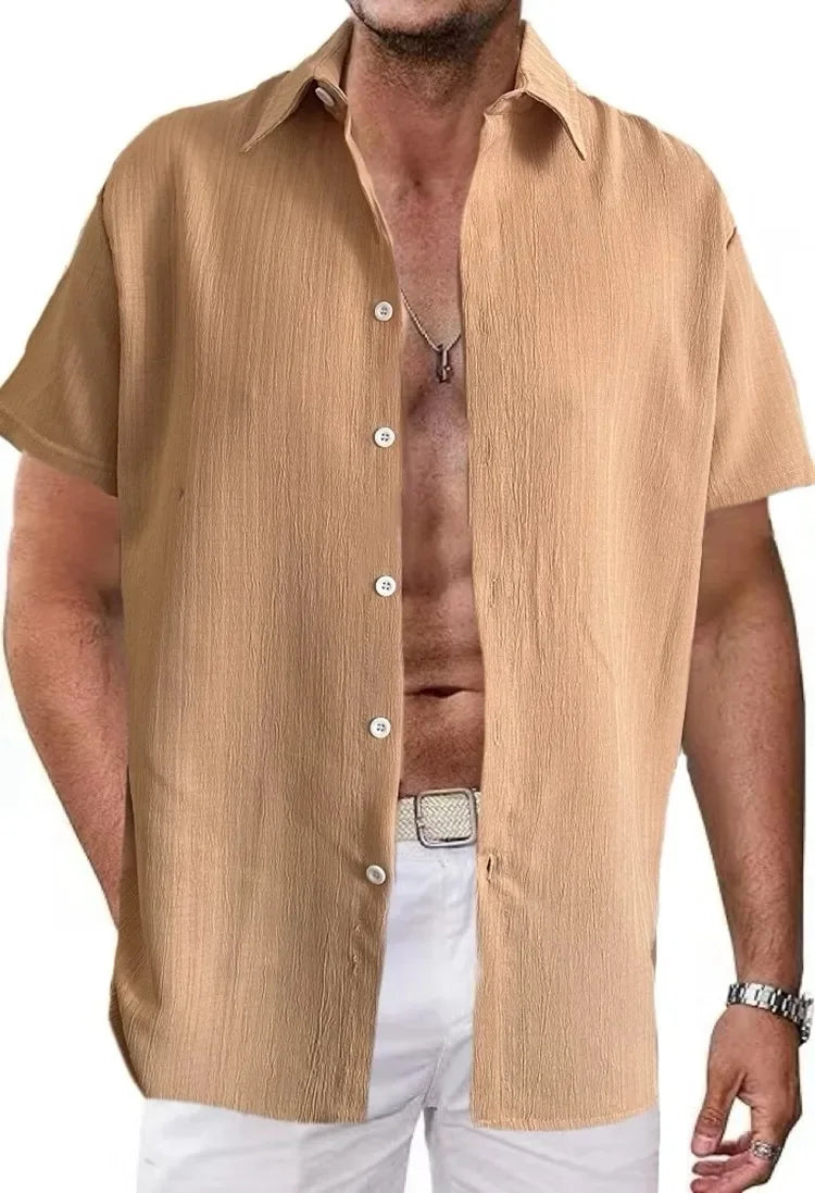 Shirt  Hawaiian Shirt Short Sleeve Cardigan Striped Lapel Solid Color All-match Breathable Quick Drying Men's Casual Shirt