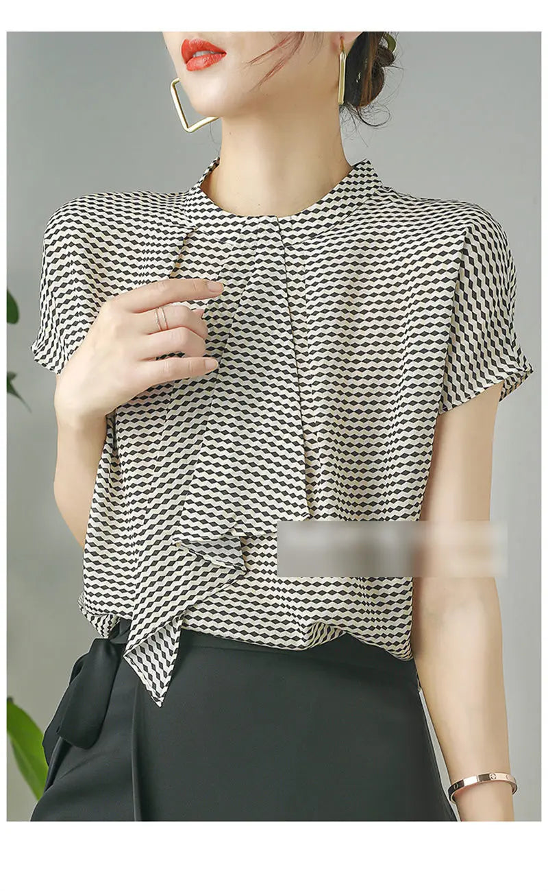 Striped Chiffon Shirt  Women Short-sleeved Fashionable Loose French Chic Feminine Belly Covering Top