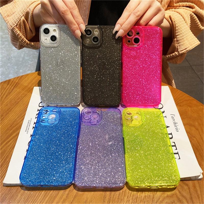 Solid Color Silicon For iPhone 12 Case Fashion Glitter Phone Case For iPhone 13 11 Pro Max X XR XS Max 8 Plus Glitter Shiny Elegant Case Luxury Clear Transparent Colored Case for iPhone