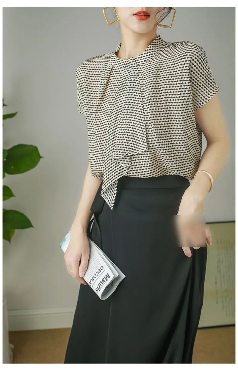 Striped Chiffon Shirt  Women Short-sleeved Fashionable Loose French Chic Feminine Belly Covering Top